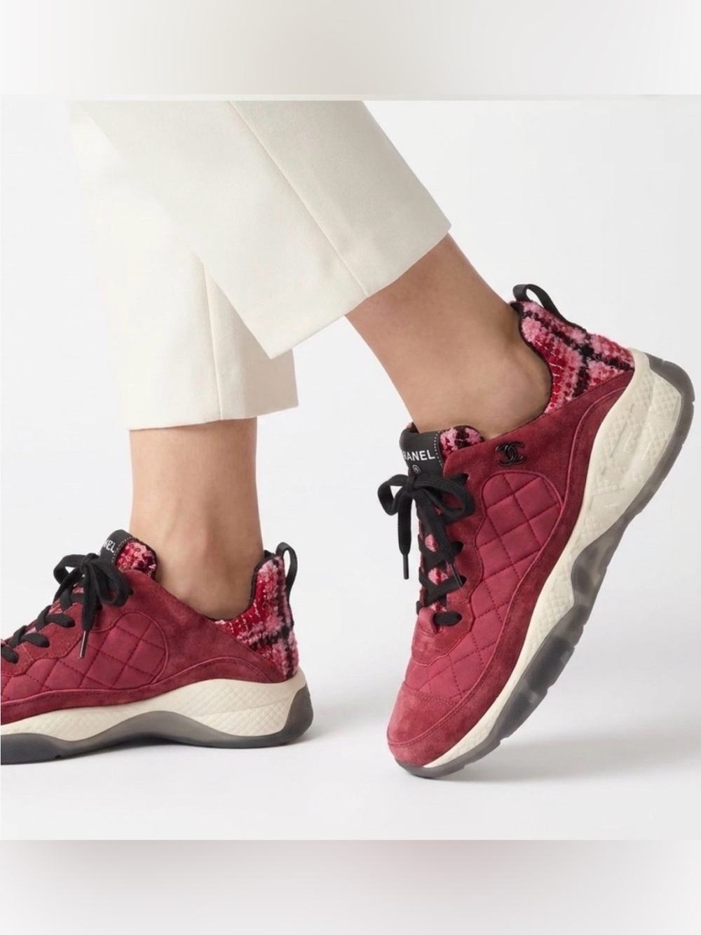 Chanel Suede Tweed CC Sneakers - Size 37.5